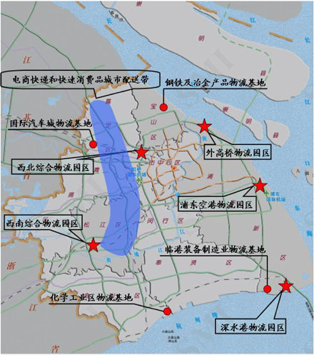 重點物流園區(qū)、重點制造業(yè)物流基地、城市特色配送物流帶布局示意